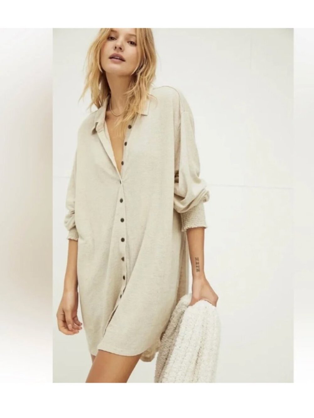 Free People Beach Promenade Mini Shirt Dress L Beige Linen Button Front Pockets